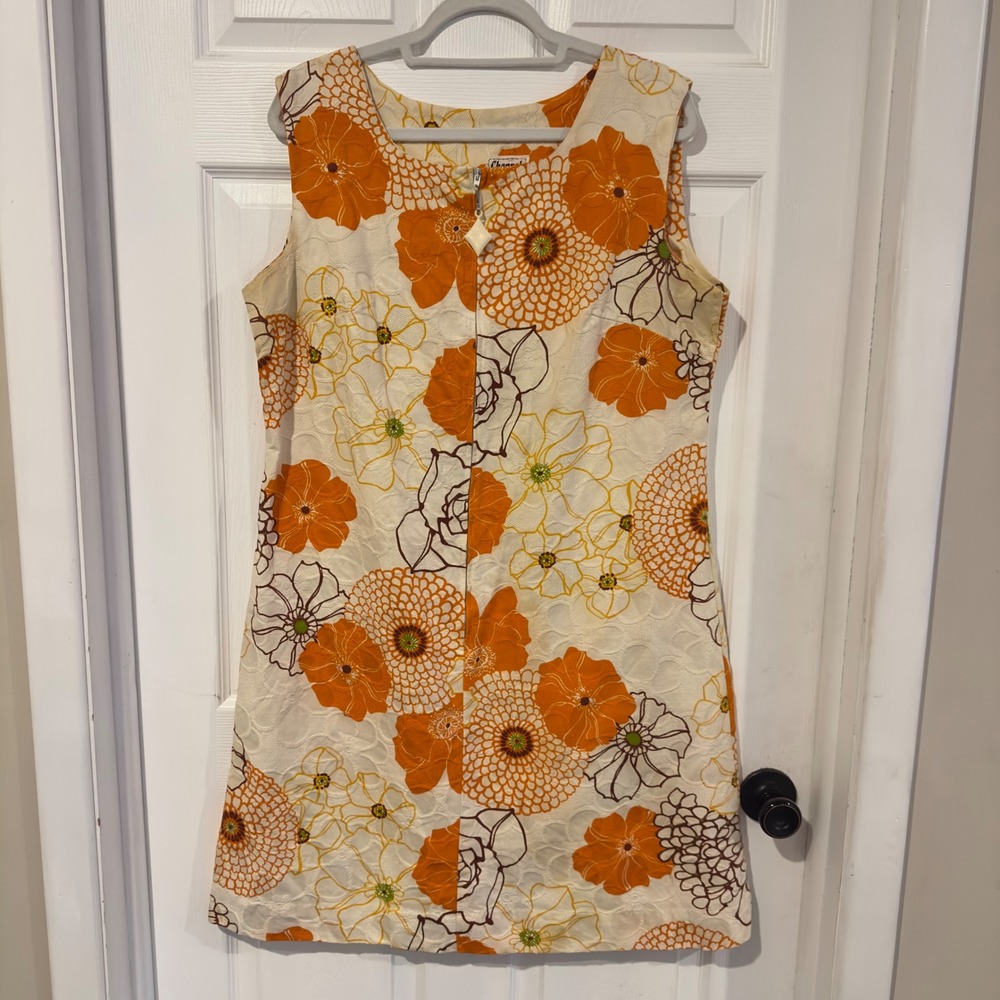 Vintage Channel 1 Bill Sims Orange Floral Shift Dress Mod Front Zip 60s 70s